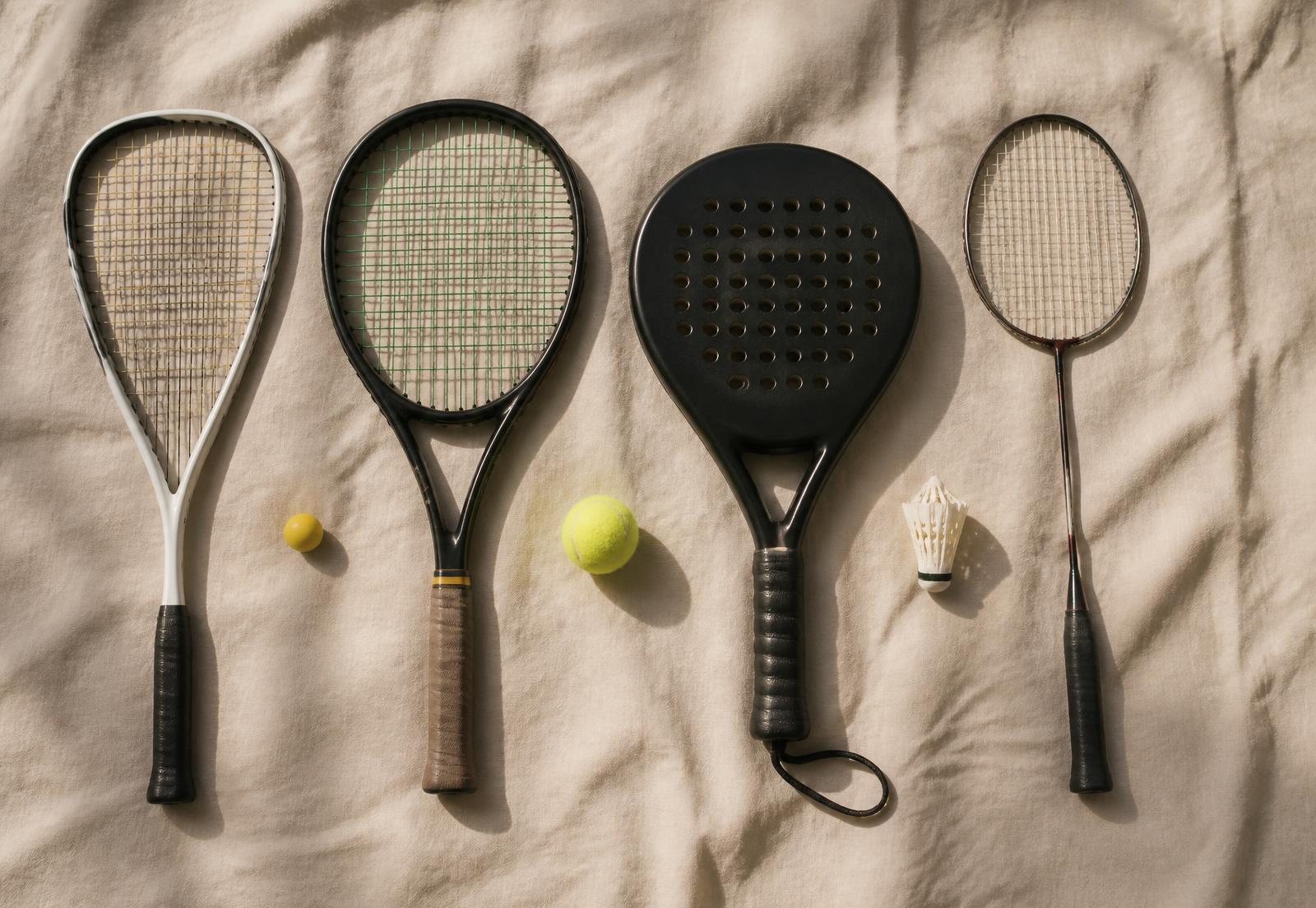 Squash, tennis and padel racquets arranged on ivory linen
