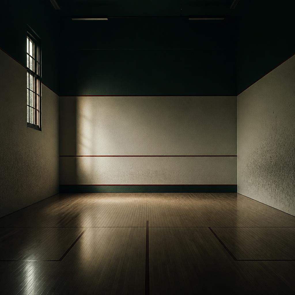 Quiet squash court with a racquet resting near the front wall